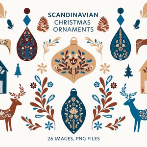 Scandinavian Christmas Ornaments, Folk Art images for Christmas, Hygge clipart with nordic style, 26 images, PNG files.