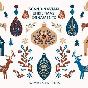 Décorations de Noël scandinaves, images d'art folklorique pour Noël, clipart Hygge avec style nordique, 26 images, fichiers PNG.