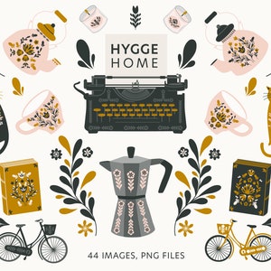 Kliparty Hygge Home, Kliparty skandynawskie, Kliparty nordyckie, Kliparty domowe, Kliparty sztuki ludowej dla planistów, 44 pliki PNG.