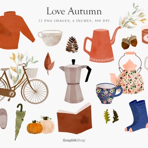 Autumn Watercolor Bundle: 22 Cozy Fall & Thanksgiving PNG Clipart (Coffee, Pumpkin, Hygge)