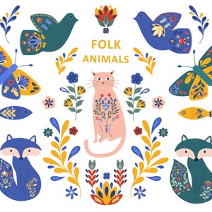 Clipart di animali popolari, Clipart popolari, Clipart di arte popolare, Clipart scandinavi, Arte popolare nordica per adesivi diario, 34 immagini, file PNG.
