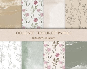 Beige Watercolor Textures: Delicate Floral Papers for Scrapbooking (8 JPEG Files)