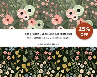 Wildflower Seamless Pattern Duo: Poppy & Meadow Digital Prints (PNG JPG Files, Commercial Use)