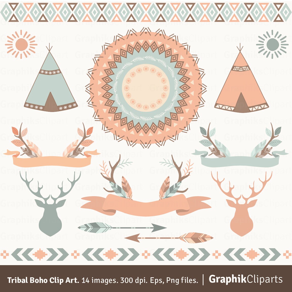 Tribal Boho Clip Art. Teepee Tents feathers borders deer | Etsy