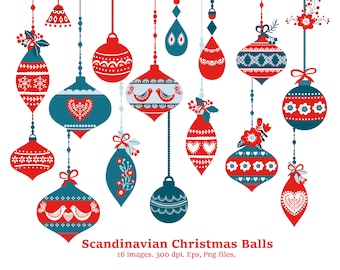 May include: A set of 16 Scandinavian-style Christmas ornaments. The ornaments are red, blue, and white with traditional patterns and designs. The ornaments are hanging from strings.