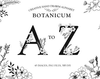 Floral Alphabet PNG: Botanical Line Art Letters (45 Files)