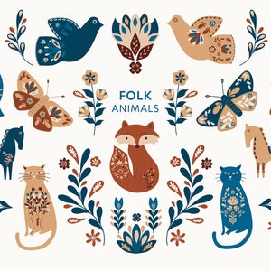 Clipart di animali popolari, clipart scandinavi, clipart nordici, clipart di arte popolare per adesivi, diari o scrapbooking, 28 immagini, file PNG.