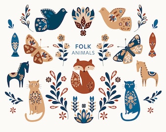 Folk Art Animals Clipart: Scandinavian Style Illustrations for Scrapbooking & Journaling (28 PNG Files)
