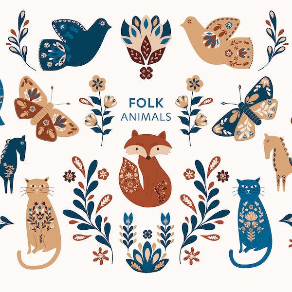 Folk Animals Clipart, Scandinavian Clipart, Nordic Clipart, Folk Art Clipart for Stickers Journal or Scrapbooking, 28 images, PNG files.