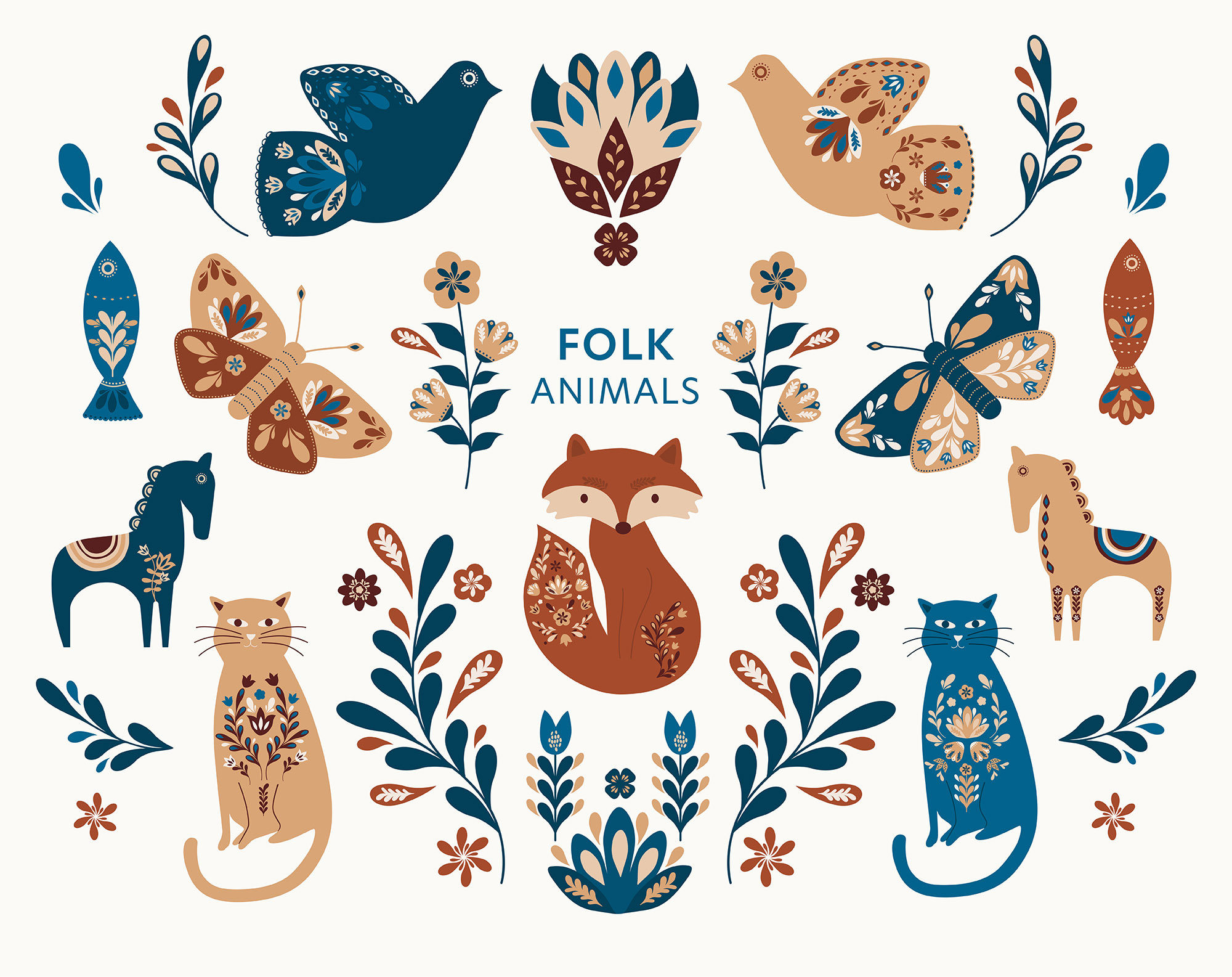 Folk Animals Clipart Scandinavian Clipart Nordic Clipart Etsy