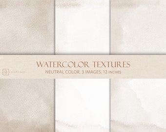Beige Watercolor Texture Backgrounds: 3 Neutral Pastel JPEG Files (12x12 inches)
