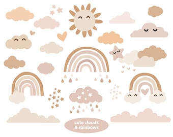 Boho Sun, Clouds and Rainbows Clipart, Nursery Decor (EPS and PNG files)
