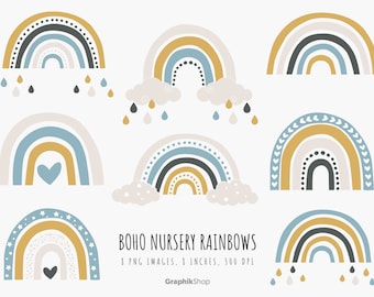 Boho Rainbow PNG、レインボー クリップアート、レインボー ベクター、新生児クリップアート、Boho ベビー クリップアート、画像 8 枚、PNG ファイル。