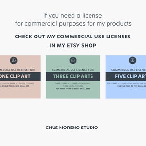 May include: Three square cards with rounded corners, each with a different color background and a black border. The cards are labeled "Commercial Use License For:" and then "One Clip Art", "Three Clip Arts", and "Five Clip Arts". Each card has a small icon of a camera in the top right corner.