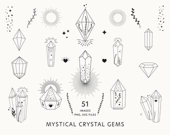 Puede incluir: Un conjunto de 51 ilustraciones en blanco y negro de gemas de cristal místicas. Las imágenes presentan diferentes formas y tamaños de cristales, algunos con estrellas, corazones y hojas en su interior. El texto "Mystical Crystal Gems" está en la parte inferior de la imagen.