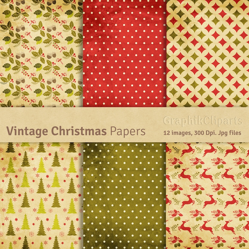 12 Jpg files. Retro digital paper Vintage christmas paper pack