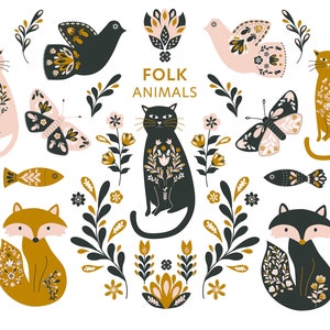 Clipart di animali popolari – 30 illustrazioni di arte popolare scandinava e nordica per adesivi, diari, decorazioni per la casa – file PNG da 8", disegnati a mano.