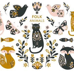 Folk Animals Clipart, Folk Clipart, Folk Art Clipart, Scandinavian Clipart, Nordic Folk Art for Stickers Journal, 30 images, PNG files.