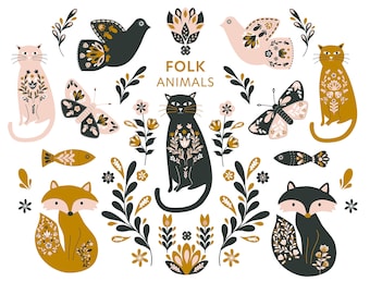 Folk Animals Clipart: Scandinavian Nordic Illustrations for Cards, Stickers and Journals (30 PNG Files)