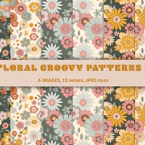 Retro groovy floral patterns, Groovy seamless, 70s retro paper, Groovy boho digital papers, Retro groovy floral paper, 6 JPEG files.