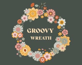 Groovy Floral Wreath Clipart: Retro 70s Boho Design (Transparent PNG)