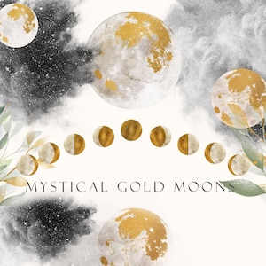 Clipart di Luna d&#39;oro mistica - 31 fasi lunari ad acquerello, lune lunari ed elementi celesti per marchi spirituali e diari - File PNG