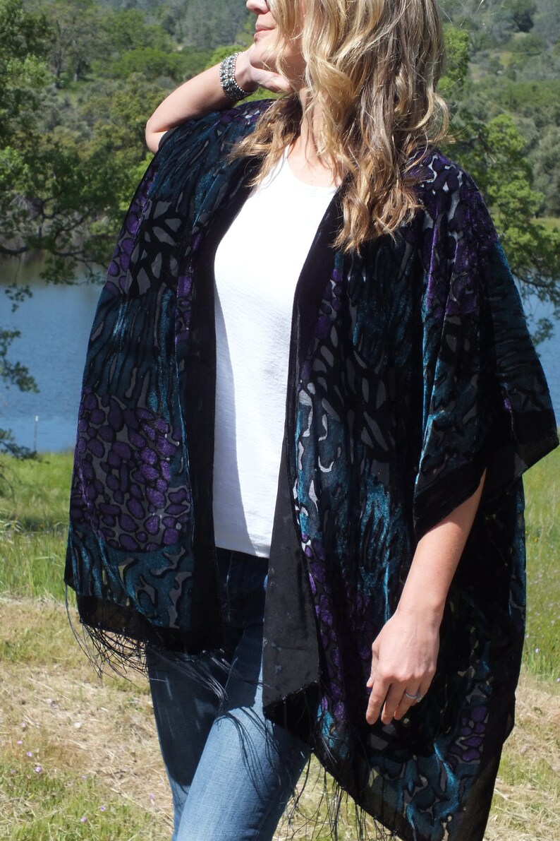 Festival Green Purple Burnout Velvet Animal Leopard Print Boho Cover Sheer Duster Festival Fringe Caftan Kimono Cardigan Onesize Plus Size