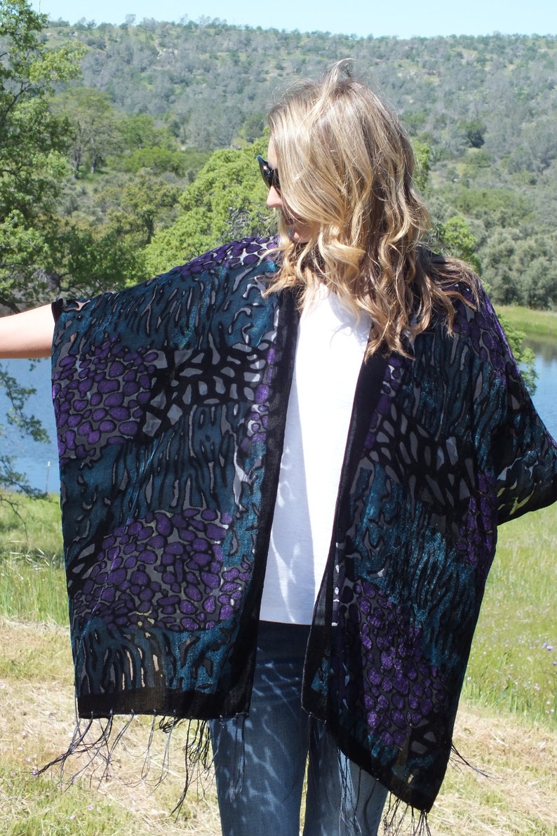 Festival Green Purple Burnout Velvet Animal Leopard Print Boho Cover Sheer Duster Festival Fringe Caftan Kimono Cardigan Onesize Plus Size