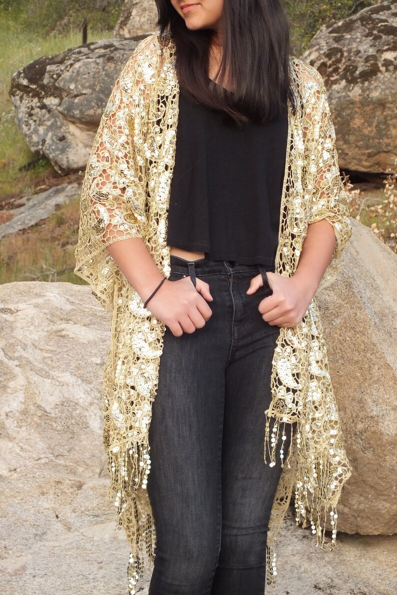 Festival Gold Metallic Heavy Sequin Paisley Kimono Top Etsy