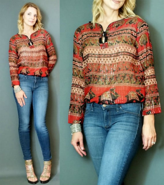 Metallic Ethnic Vibrant Color Paisley Floral Eleph