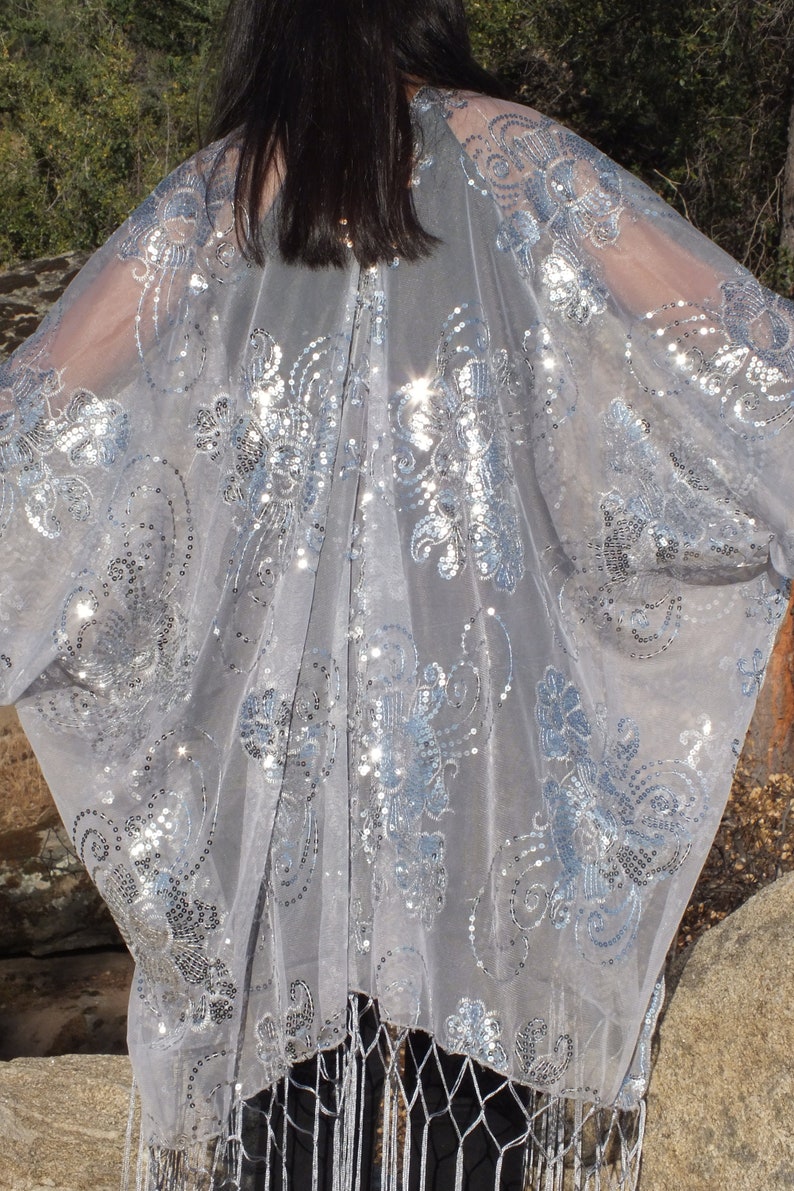 Festival Gray Silver Metallic Flower Sequin Sheer Caftan Grey Kimono Top Cardigan Duster Disco One Size SML Plus Size
