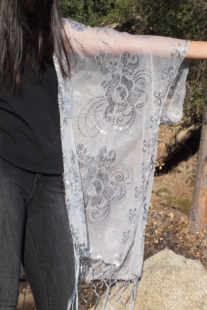 Festival Gray Silver Metallic Flower Sequin Sheer Caftan Grey Kimono Top Cardigan Duster Disco One Size SML Plus Size
