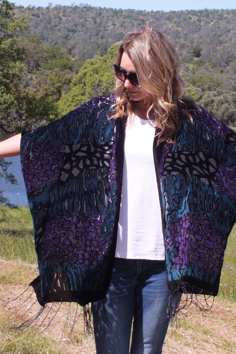 Festival Green Purple Burnout Velvet Animal Leopard Print Boho Cover Sheer Duster Festival Fringe Caftan Kimono Cardigan Onesize Plus Size