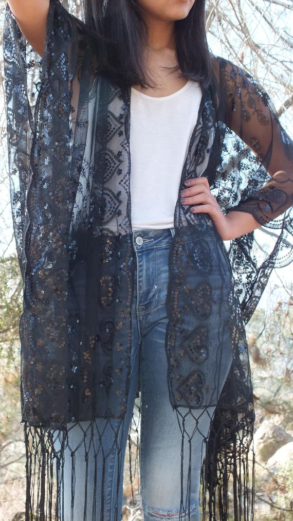 Ladies Women One Size Black Tassel Glitter Long Kimono Boho Beach Cover Up Top
