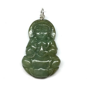 Jade Buddha Pendant, Jade Guan Yin Pendant, Carved Green Jade Guan Yin Goddess, Kwan Yin, 觀音菩薩 Goddess of Mercy, 925 Sterling Silver Pendant