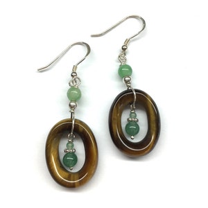 Yellow Tiger Eye Earrings, Jade Earrings, Carved Natural Tiger Eye Stone, Green Jade Bead, Green Aventurine Bead Sterling Silver Earrings