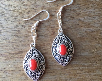 Coral Earrings, Genuine Coral Earrings, Coral Filigree Sterling Silver Earrings, Oval Shaped Genuine Red Coral 925 Sterling Silver Earrings