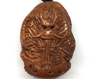 Netsuke, Netsuke Pendant, Dragon Pendant, Carved Wood Dragon Pendant, Carved Boxwood Dragon Netsuke Pendant Adjustable Black Cord Necklace