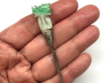 Forcina per capelli in giada antica intagliata, forcina per capelli in argento antico, forcina per capelli cinese, gioielli antichi, forcina per capelli in argento della dinastia Qing di oltre 100 anni