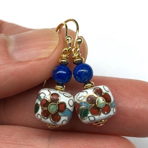 Chinese Cloisonne Earrings, Chinese Earrings, Enamel Earrings, Chinese Jewellery, Vintage Cloisonné Bead from 80s, Lapis Lazuli Earrings