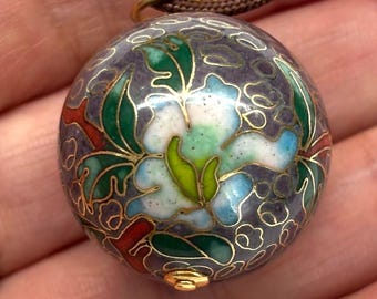 Chinese Cloisonne Pendant, Chinese Enamel Pendant Rare Large Vintage Floral Pattern Purple Cloisonné Bead 80s Adjustable Brown Cord Necklace