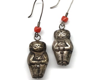 Chinese Silver Earrings, Antique Coral Earrings, Vintage Chinese Silver Figurines "Boys" from 60s with Qing Dynasty Coral Bead Earrings