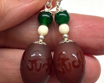 Red Agate Earrings, Green Onxy, Ox Bone, Gem Stone, The Six-Character Great Bright Mantra Earrings, Om Mani Padme Hum, Buddhist Jewellery