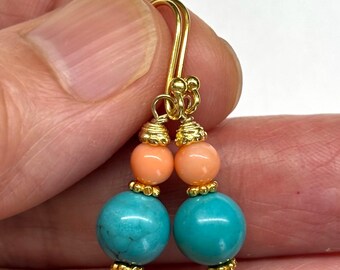 Turquoise Earrings, Coral Earrings, Genuine Turquoise, Genuine Coral Gold Plated Sterling Silver Earrings, Gem Stone, Semi Precious Stone