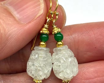 Crystal Earrings, Carved White Crystal, Green Onyx Earrings, Gem Stone Earrings, Teardrop Earrings, Gold Plated Sterling SilverEarrings