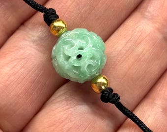 Carved Green Jade Bead Necklace, Carved Natural Colour Hollowed Jade Bead, Gold Plated Sterling Silver Beads Adjustable Black Cord Necklace