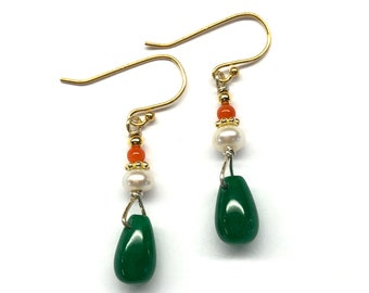 Green Agate Earrings, Coral Earrings, Mini Earrings, Green Onyx, Genuine Coral Genuine Freshwater Pearl Gold Plated Sterling Silver Earrings