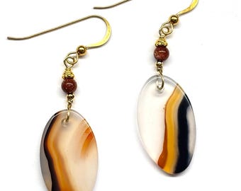 Agate Earrings, Oval Shaped Natural Pattern Agate, Gold Sandstone, Natural Agate Gold Plated Sterling Silver Earrings, Gem Stone Earrings