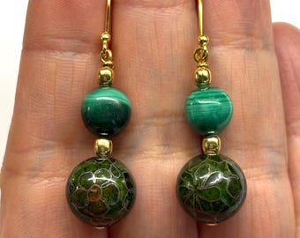 Chinese Cloisonne Earrings, Vintage Cloisonne Earrings, Enamel Earrings, Vintage Chinese Floral Cloisonné Bead 70's Green Malachite Earrings