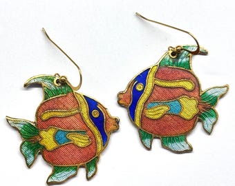 Vintage Fish Earrings, Enamel Angelfish Earrings, Chinese Enamel Fish Earrings, Enamel Earrings, Vintage Enamel Angelfish Earrings from 80s